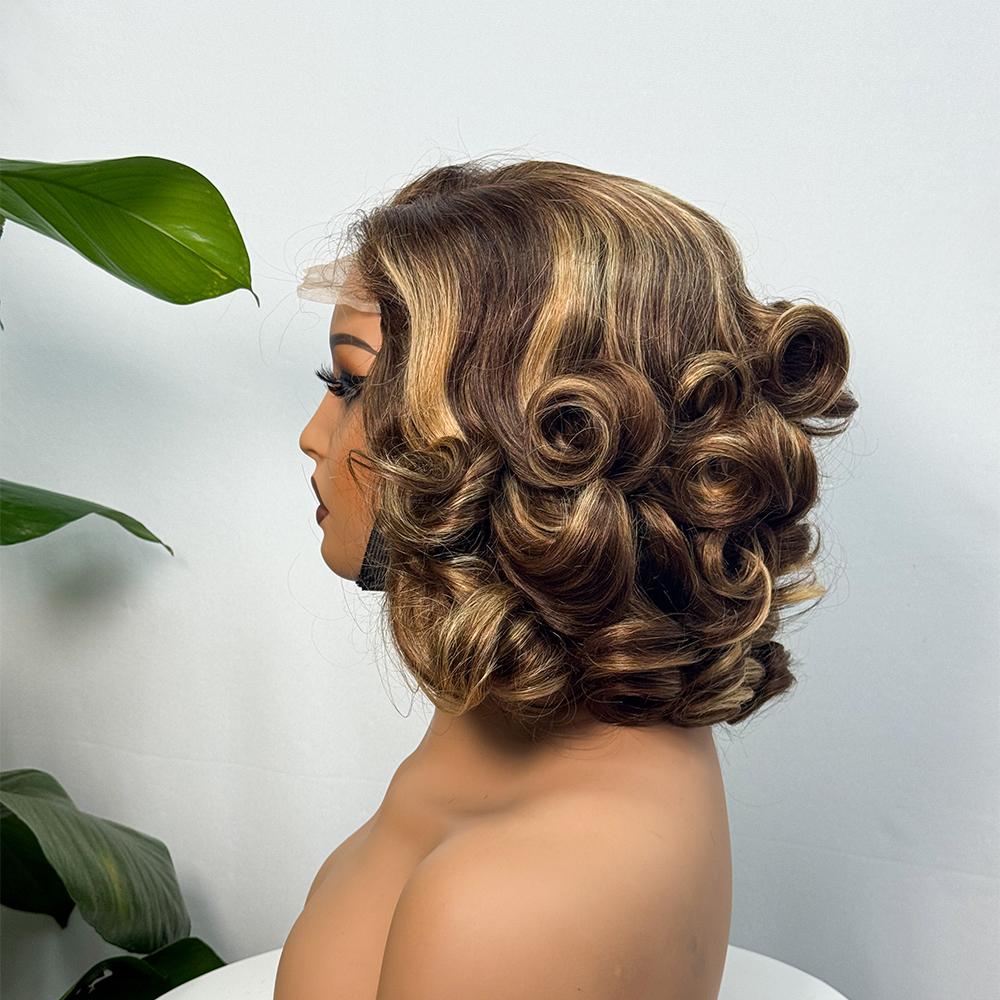 14 Inch Ombre Brown P4/350 Loose Bouncy Wave 200% Density Pre Cut Pre Plucked 5x5 Glueless Lace Wig Human hair Wigs 100% Vietnamese Hair Wear and Go Glueless Curly Wig