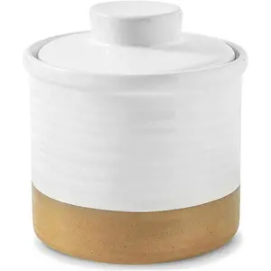 Butter Dish with Lid, Ceramic Butter Crock for Countertop with Water Line for Spreadable Butter, Farmhouse Butter Keeper Container for Christmas ,  Kitchen Decor, White