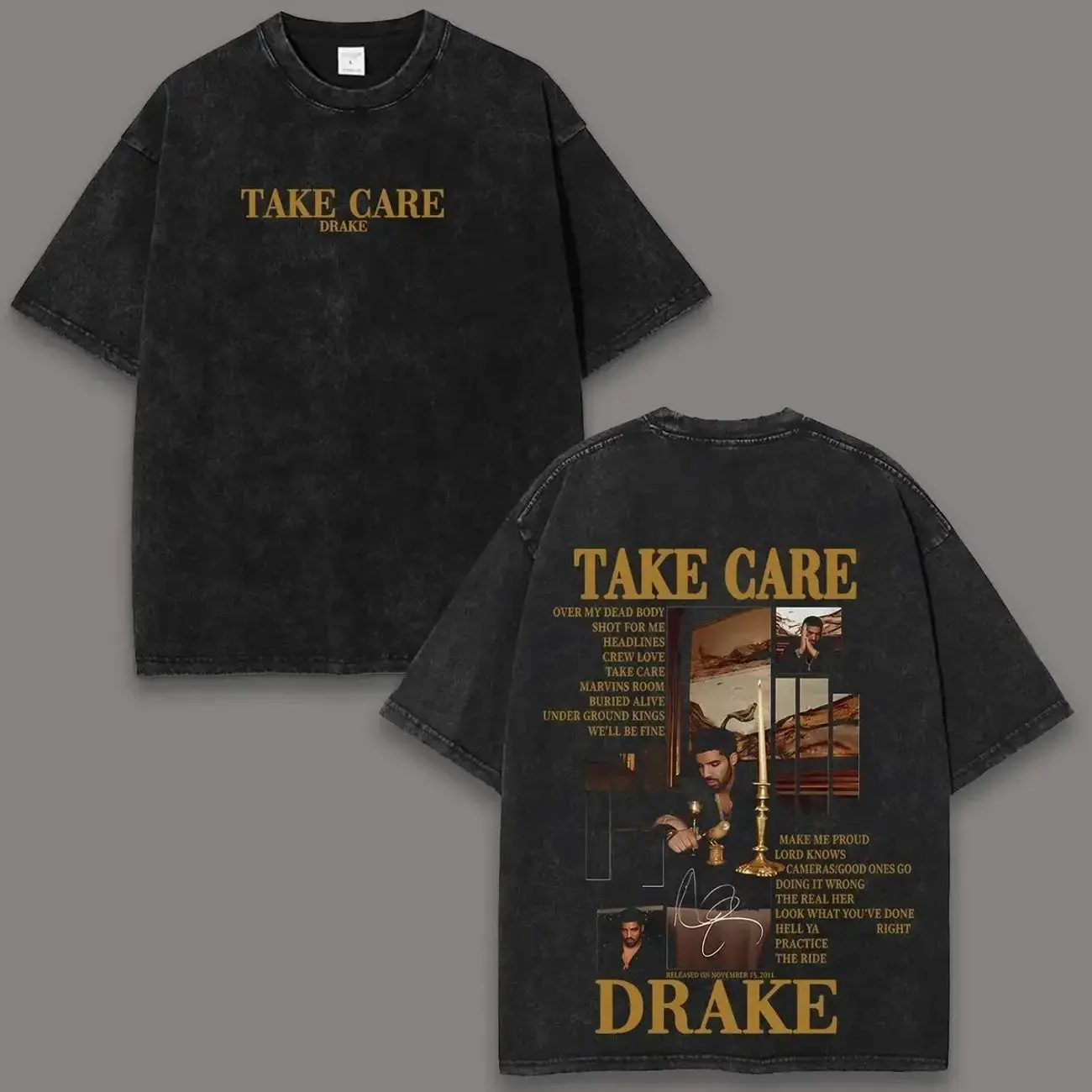 Drake "Take Care" Acid Washed Graphic T-Shirt & Tank Top - Y2K Retro Vintage Rap Music Tee, Oversized Unisex Hip Hop Streetwear, Distressed Soft Cotton Fan Gift