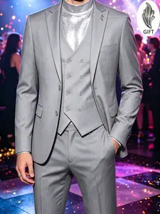 Men's Blazer 3-Piece Set, Fitted Double-Breasted Vest Suit, Wedding Groom Best Man, Business Formal Party Ensemble, Includes Lapel Pin