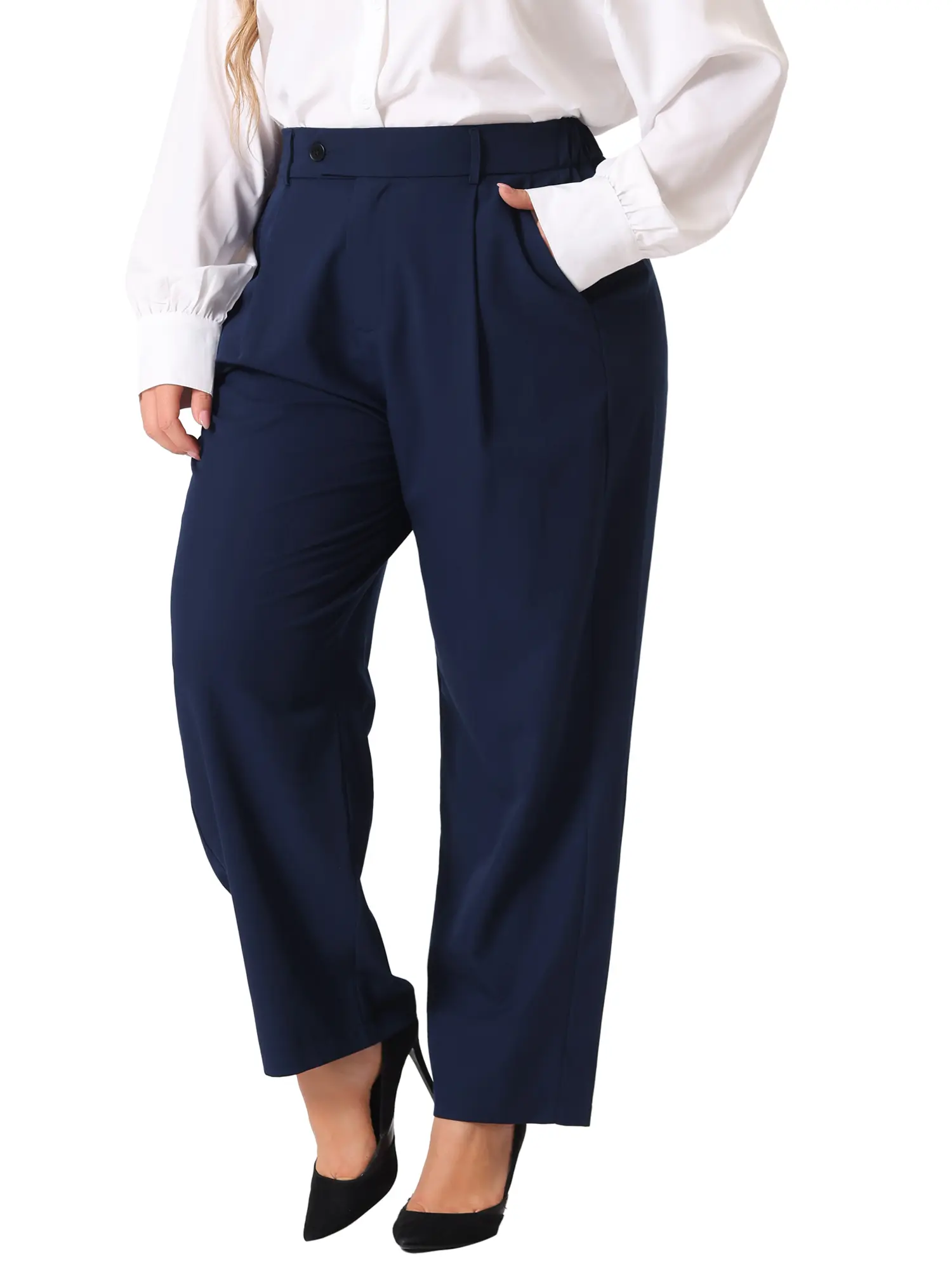 Agnes Orinda Plus Size High Elastic Waisted Long Straight Suit Pants with Pockets