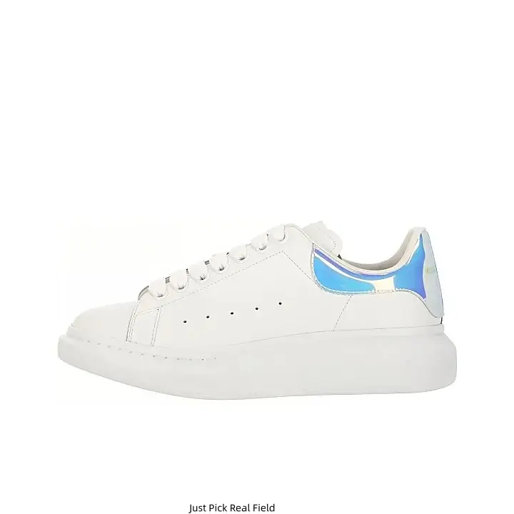 Unisex White Chunky Platform Leather Sneakers with Iridescent Blue Heel Accent, low-top casual style, cushioned midsole, versatile daily street footwear for men and women