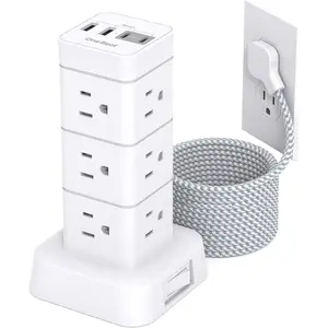 10Ft Protector Strip, 12 Outlets 4 USB (2 USB C) Desktop Charging Station for Multiple Devices, Flat Plug Extension Cord with Multiple Outlets, Home Office College Dorm