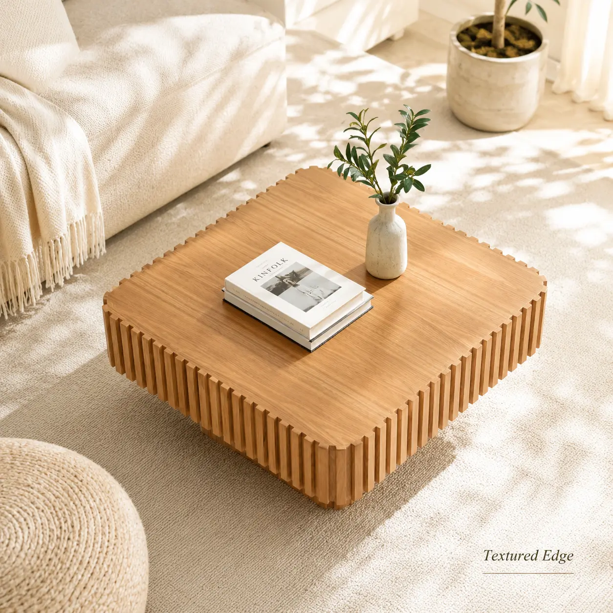 35 Inch Square Shape Coffee Table - Modern Handcrafted Drum Design, Sturdy MDF Base Pedestal for Living Room Natural Wood Indoor Furniture