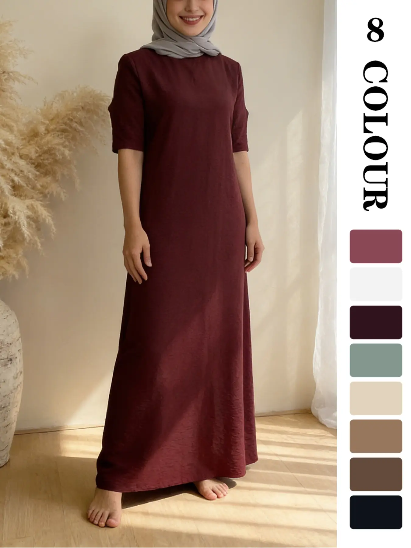 Muslim Sleepwear 8 Colors 5 Sizes, Fashion Muslim Short Sleeve Tunic Dress, Modest Style, Slimming Comfortable Breathable, Essential Home Wear for Women, Modest Clothes, Modesty