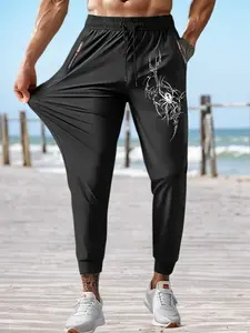 Men's Solid Color Drawstring Waist Sports Pants, Breathable Polyester, Quick-Dry, Loose Fit, Ideal for Running Yoga Gym Training, Athleisure Style Pants