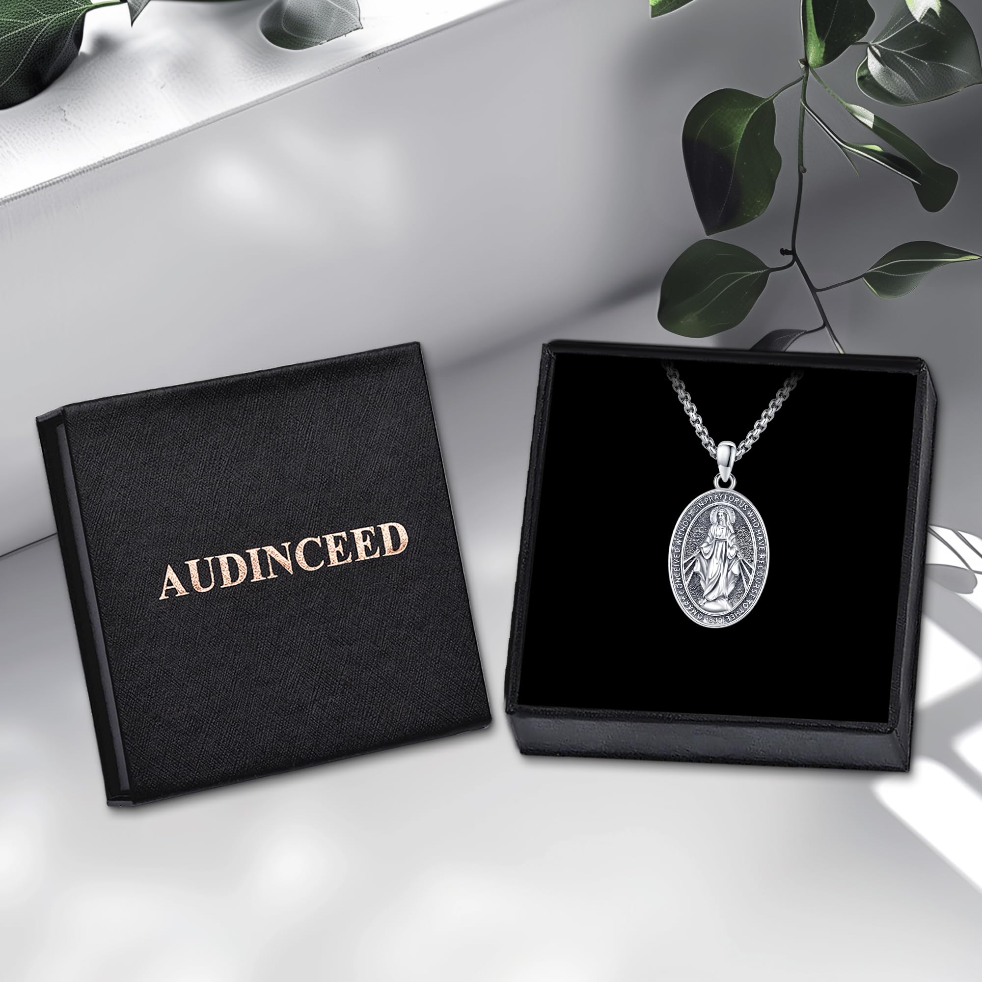 Audinceed Miraculous Medal Necklace for Women, 925 Sterling Silver Saint of Faith and Divine Catholic Medal Pendant Amulet Religious Jewelry Gift