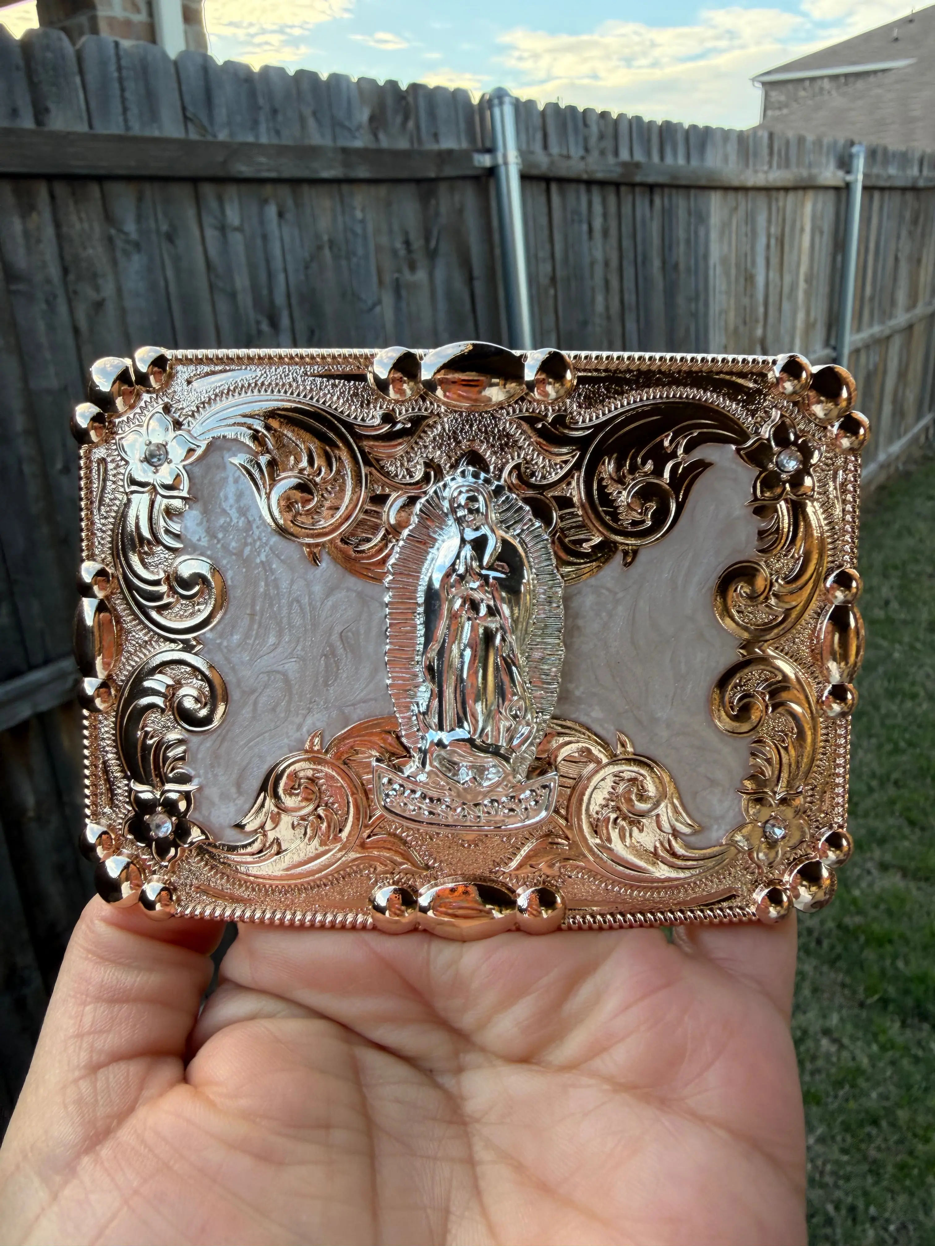 Fashionable Buckle Decorated for Men, Western Style with Guadalupian Icon and Virgin Motif, Authentic Craftsmanship for Rodeo Wear and Western Belts, Handmade, Collectibles, Cowboy Aesthetic, Religious Theme