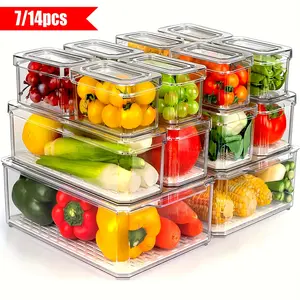 Clear Food Storage Box with Lid, 7 Counts/14counts Stackable Fridge Organizer Bins, Refrigerator Storage Container for Fruit, Vegetables, Food, and Drinks