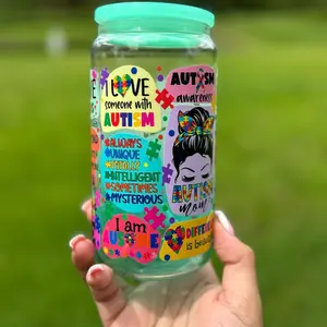 Autism Ombré Jelly Glass Cup with Matching Straw - 16 Oz - Reusable, Drinkware libby Washable Portable