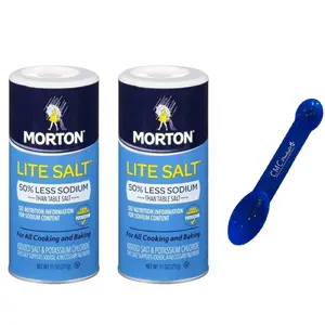 Morton Lite Salt, With Half The Sodium Of Table Salt, 11 oz (2pack) w/ Custom CMC Measuring Spoon 1tbsp & 1tsp