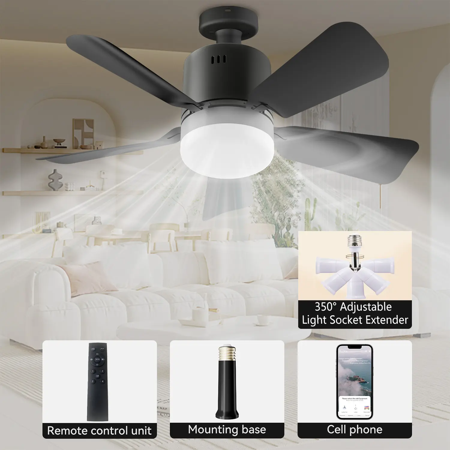 Ceiling Fan with Light 42 Inch Low Profile (Black) with Remote, Dimmable and Quiet, Indoor Use for Bedroom, Includes an Additional 350° Adjustable Light Socket Extender with Light 3500K, 1000 Lumens, Screws into E26/E27 TikTokShopBlackFriday