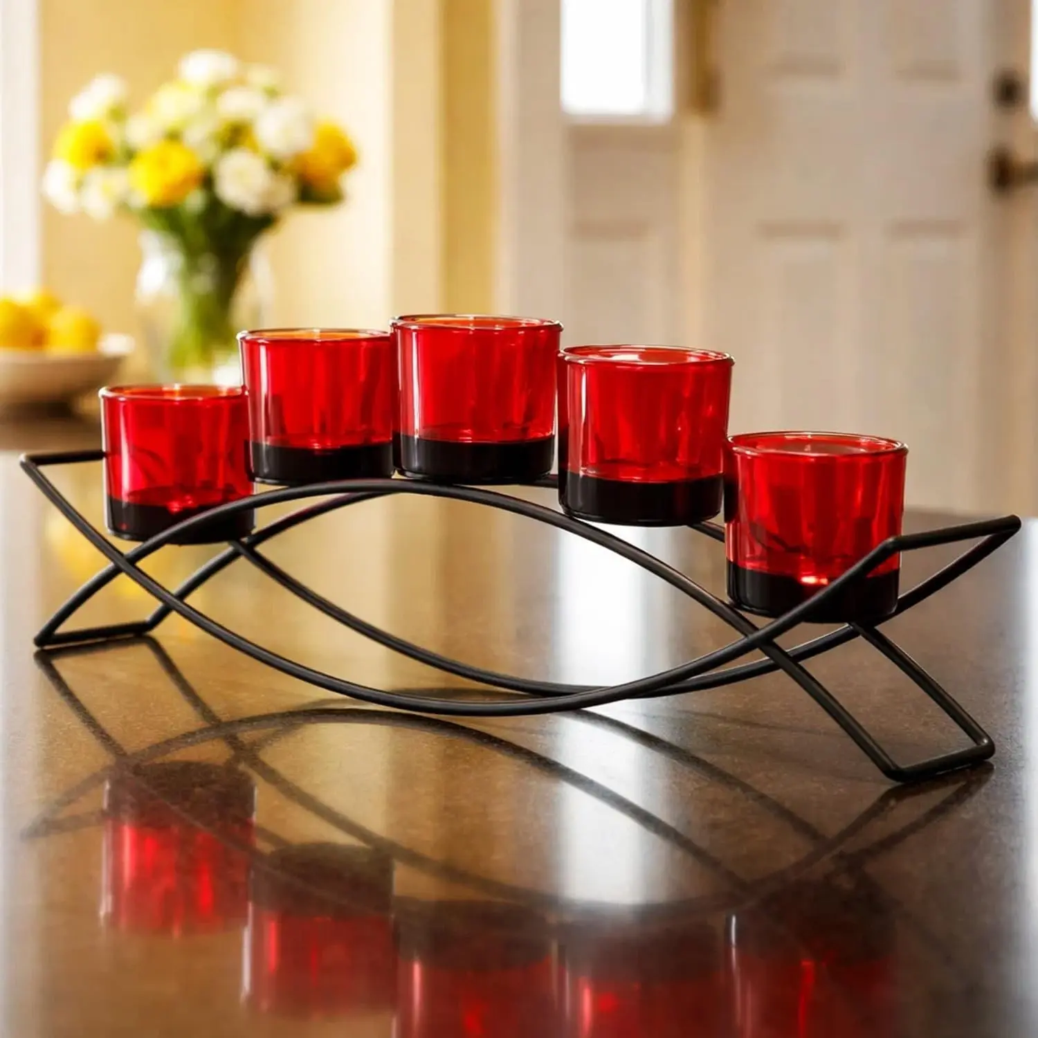 Centerpiece Table Decoration, Candle Holder Dining Room Decor, Red | Wrought Iron 5 Cup Candelabra, Votive Candle Holders, Long Modern Coffee Console, Black, Red Glass Cups, 17in Long