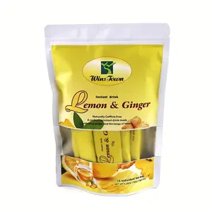 WinsTown Ginseng Lemon Ginger Tea - Naturally Caffeine Free Instant Drink with 15 Individual Tea Bags for Refreshing Flavor