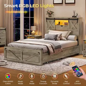 SIKAIC Rustic Oak Twin Bed Frame with LED Lights & Sliding Barn Door Headboard, Metal Wood Platform Bed with 2 Storage Drawers, 900lb Support