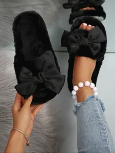 Women's New Fuzzy Home Slippers, Fashion Bowknot Decor, Soft Plush, Soft Faux Fur, One-Piece Easy Wear, Comfortible Fall & Winter Shoes