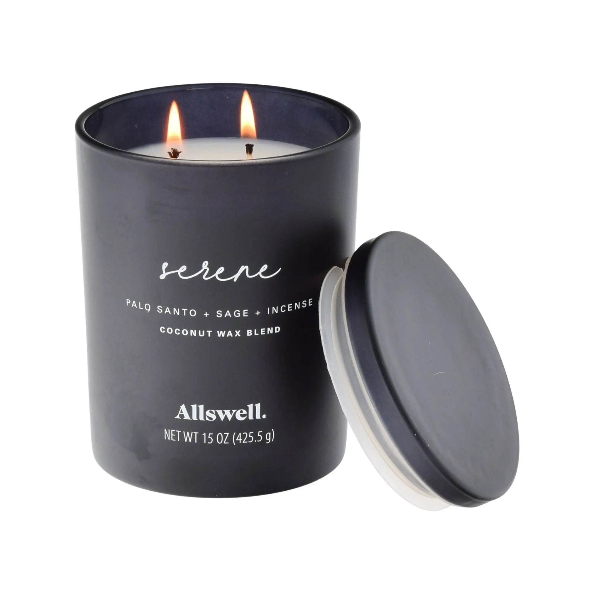 Candle Serene Palo Santo, Sage & Incense Scented 2-Wick 15oz Spa Jar Candle - Coconut Wax Blend, Up to 50 Hours, Decorative for Home Decor & Scents
