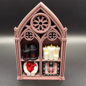 3D Print-Gothic  Bookshelf Clicker with Miniature Decorations and Books for Displaying Collections and Decorative Items in Purple