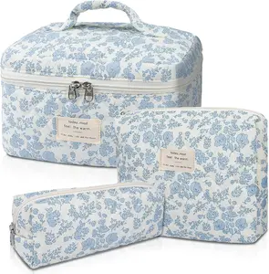 Makeup Bag, Large Quilted Cosmetic Bag, Big Floral Make Up Bag for Women Girls, Cute Cotton Makeup Bag Set,Travel Toiletry Organizer Bag (Blue Flower)