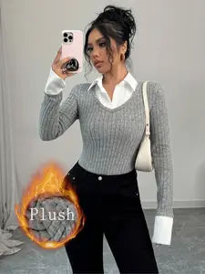 Fashion Simple Design Fake Two-Piece Long Sleeve Knit Sweater, Waist Cinched Elastic Fitted Comfortable Polo Women's Top, Suitable for Daily Business Commute