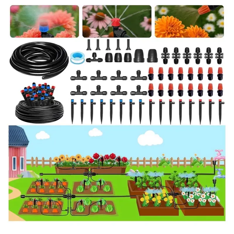 230FT Garden Drip Irrigation System, Quick-Connect Plants Watering System Kit with 1/2" & 1/4", Automatic Adjustable Nozzles & Sprinklers for Greenhouse, Raised Bed, Lawn, Flower Bed, Hanging Baskets