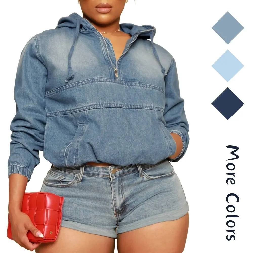 Womens Plus Size Half Zip Up Denim Hoodie Casual Jean Sweatshirt Pullover Long Sleeve Jacket Tops with Pockets