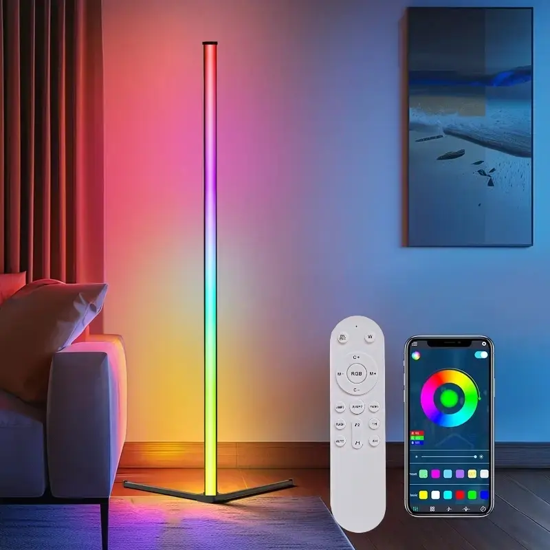 Smart RGB Corner Floor Lamp, Bright LED Tall Modern Floor Lamp with APP & Remote, Color Changing Ambiance Multifunctional Lighting for Home Decor