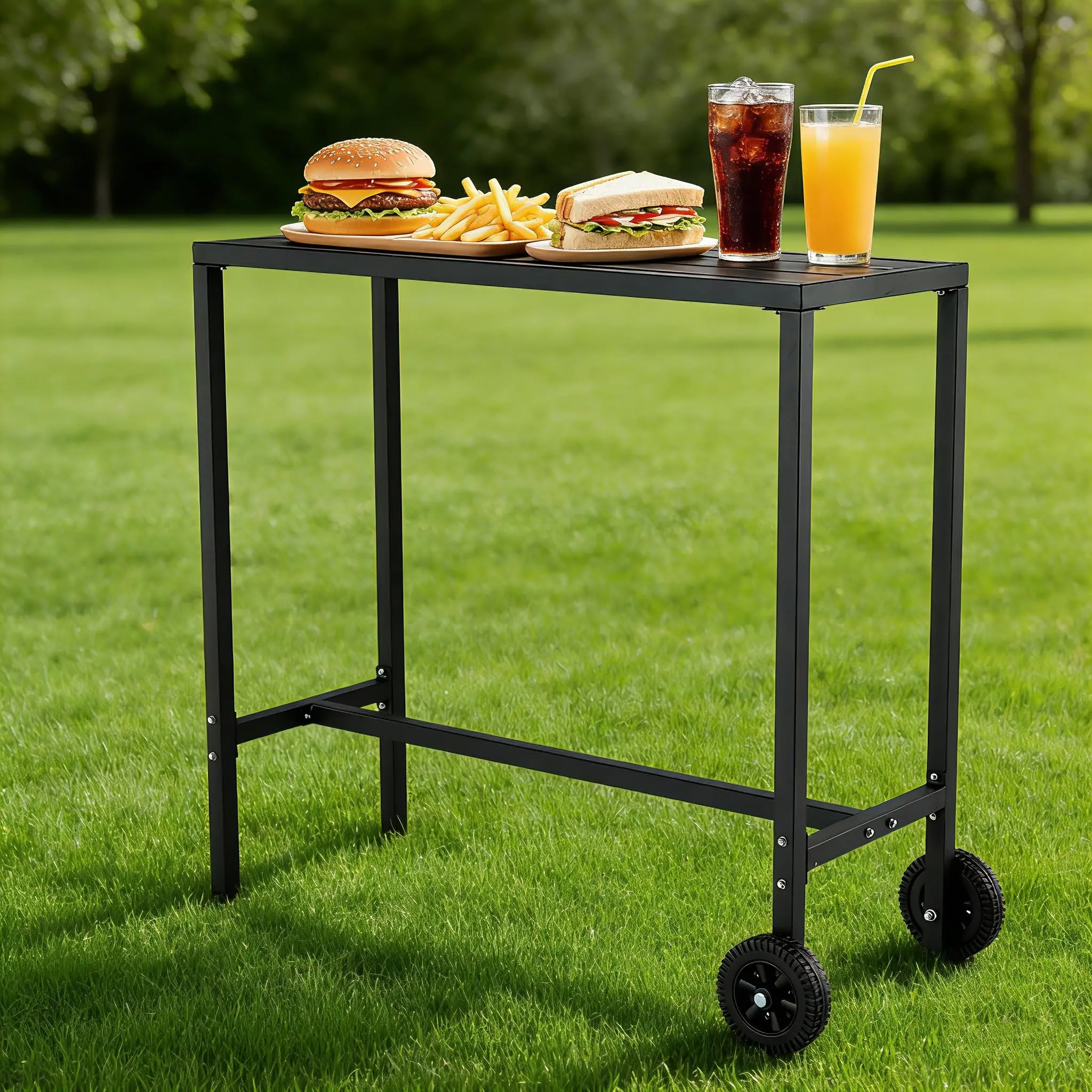Counter Height Waterproof Rolling Patio Bar Table, Metal Top with Rolling Wheels & Adjustable Feet, Outdoor Home Bar Serving Table for Balcony, Yard & Kitchen, Black