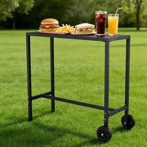 Counter Height Waterproof Rolling Patio Bar Table, Metal Top with Rolling Wheels & Adjustable Feet, Outdoor Home Bar Serving Table for Balcony, Yard & Kitchen, Black