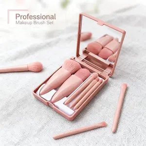 Vegan 5-Piece Soft Makeup Brushes Set - Powder Pink Synthetic Bristles, Compact Box with Mirror, Travel Brush Set, Full Face On-the-Go Purse Essential