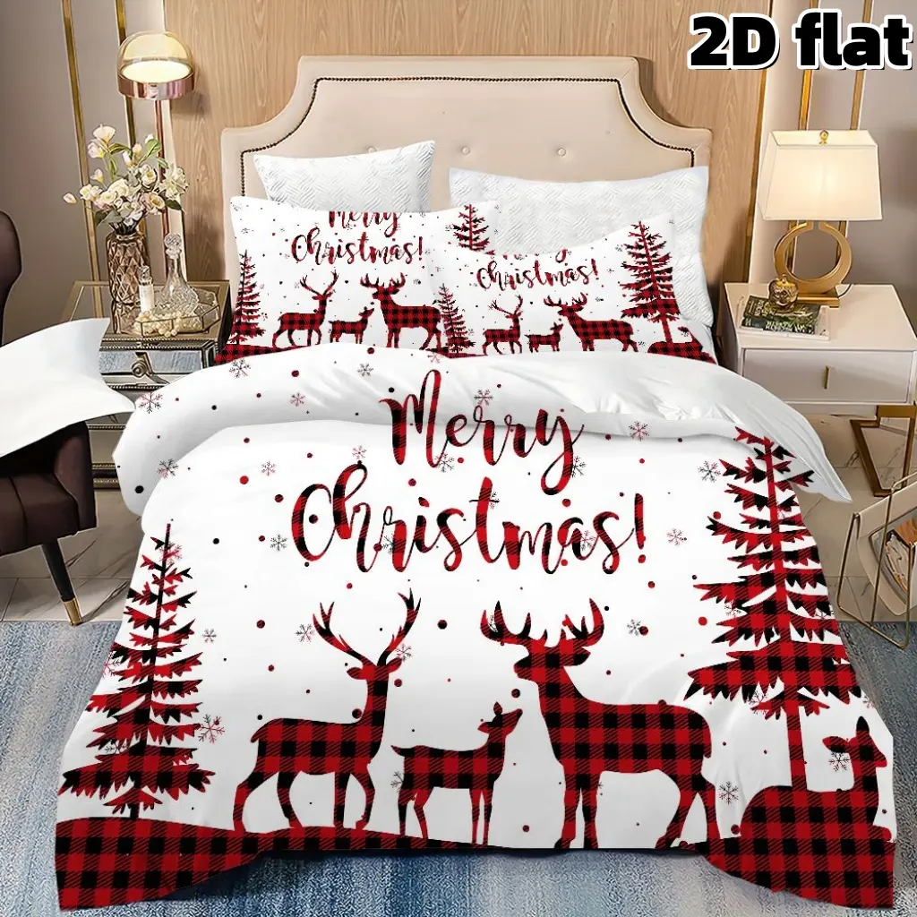 2D Flat 3Pcs Christmas Buffalo Plaid Deer Bedding Red White Holiday Decor Merry Christmas Tree Winter Bedding Microfiber Duvet Cover with Pillow Shams Twin Queen King Size Bedroom Home Decoration Christmas Gift Bed Sheet Sets