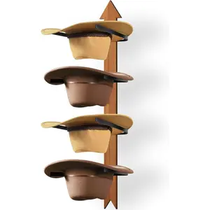 Cowboy Hat Rack, 4 count Wooden Western Rustic Metal Cowboy Hat Hanger with Arrow Sign Board,  Cowboy Hat Holder for Wall, Fedora, Sun Hat