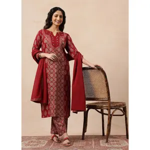 Maroon Geometric Indian Stitched Straight Cotton Kurta, Palazzo With Dupatta