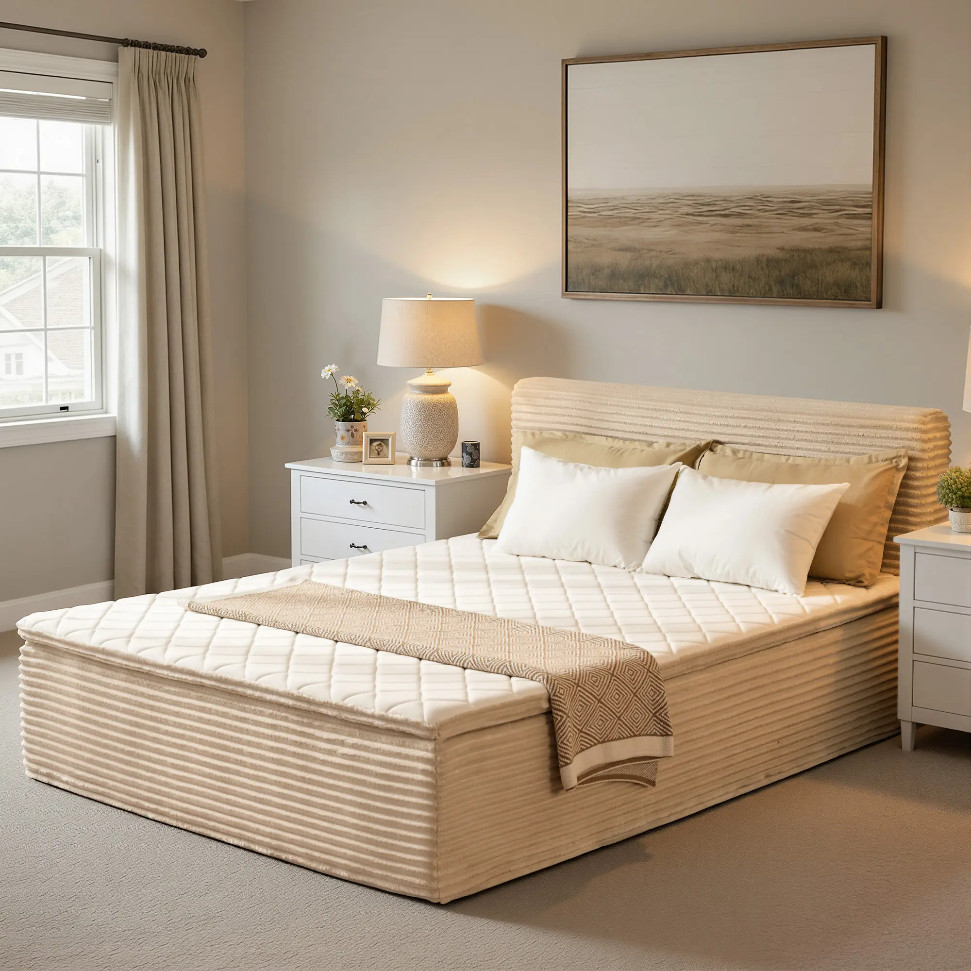 ALLWEX 60" Queen Size Cloud Bed with Mattress Included, Modern Upholstered Platform Bed with Padded Headboard, No Bed Frame Needed, 6-Layer Hybrid Mattress with Pocket Springs & Adaptive Foam, Zero Assembly Compressed Bed