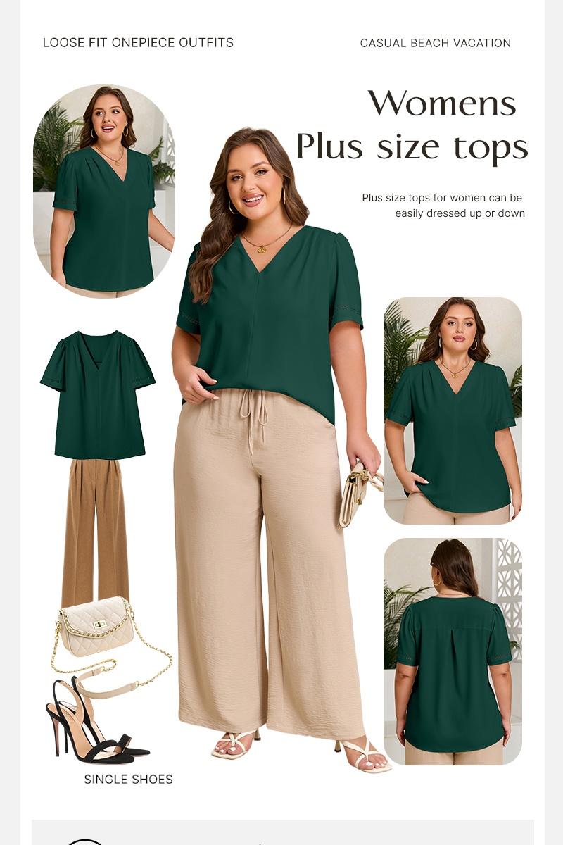 Eytino Plus Size Tops for Women Dressy Casual Pleated V Neck Short Sleeve Business Work Office Blouses Shirts(1X-5X)