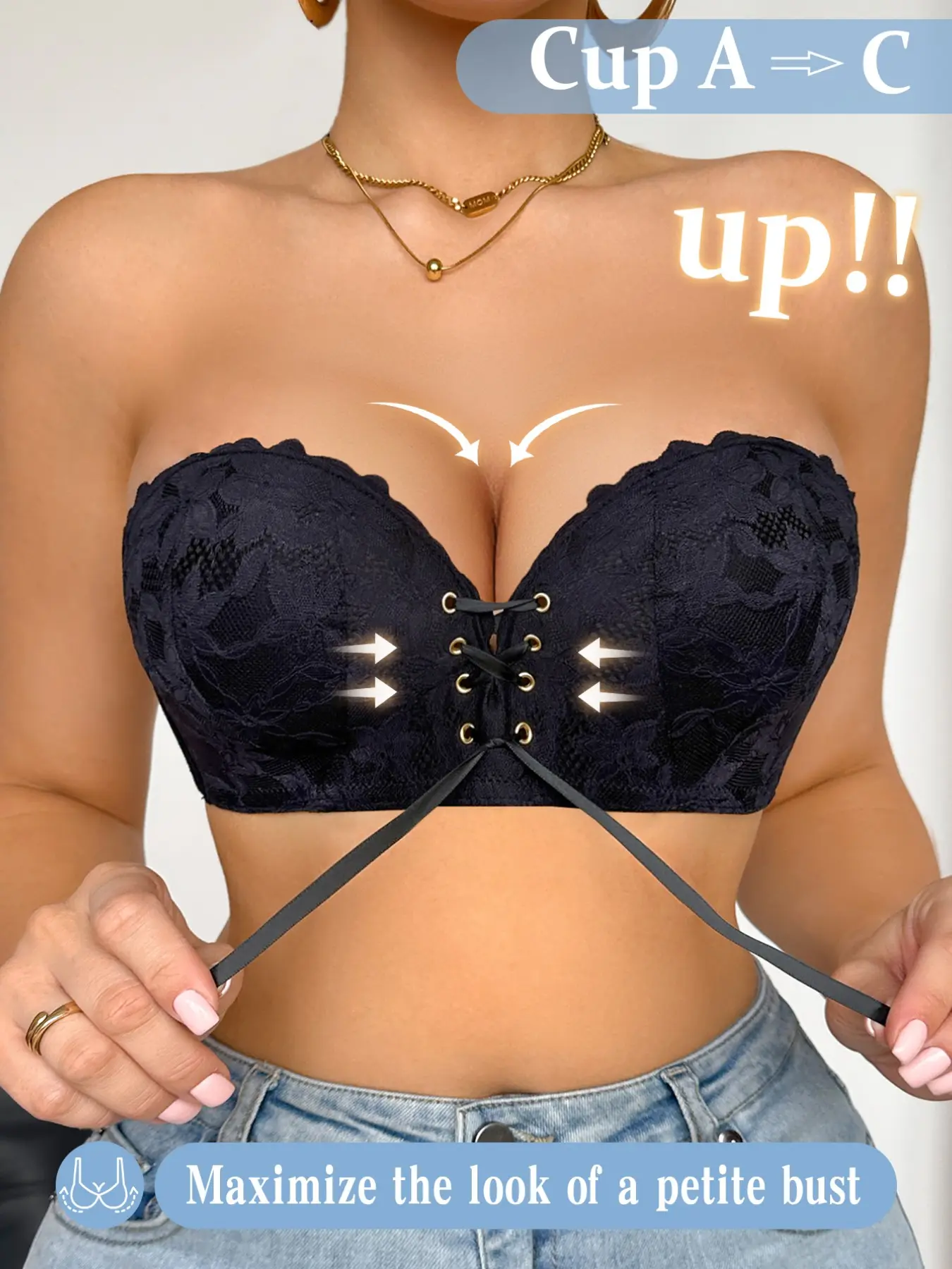 Add Two Cups Bras for Women Push-Up Wireless Bra, Push Up Lace, Crossback, Adjustable Strapless Bandeau, Breathable Fabric Bralette, Breathable, Women's lingerie for Strapless & Backless Tops, Bridal & Valentine's Day