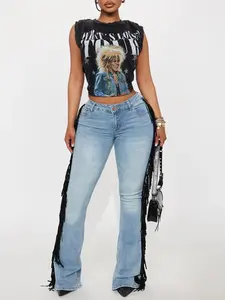 Out West Low Rise Fringe Flare Jeans - Vintage Wash