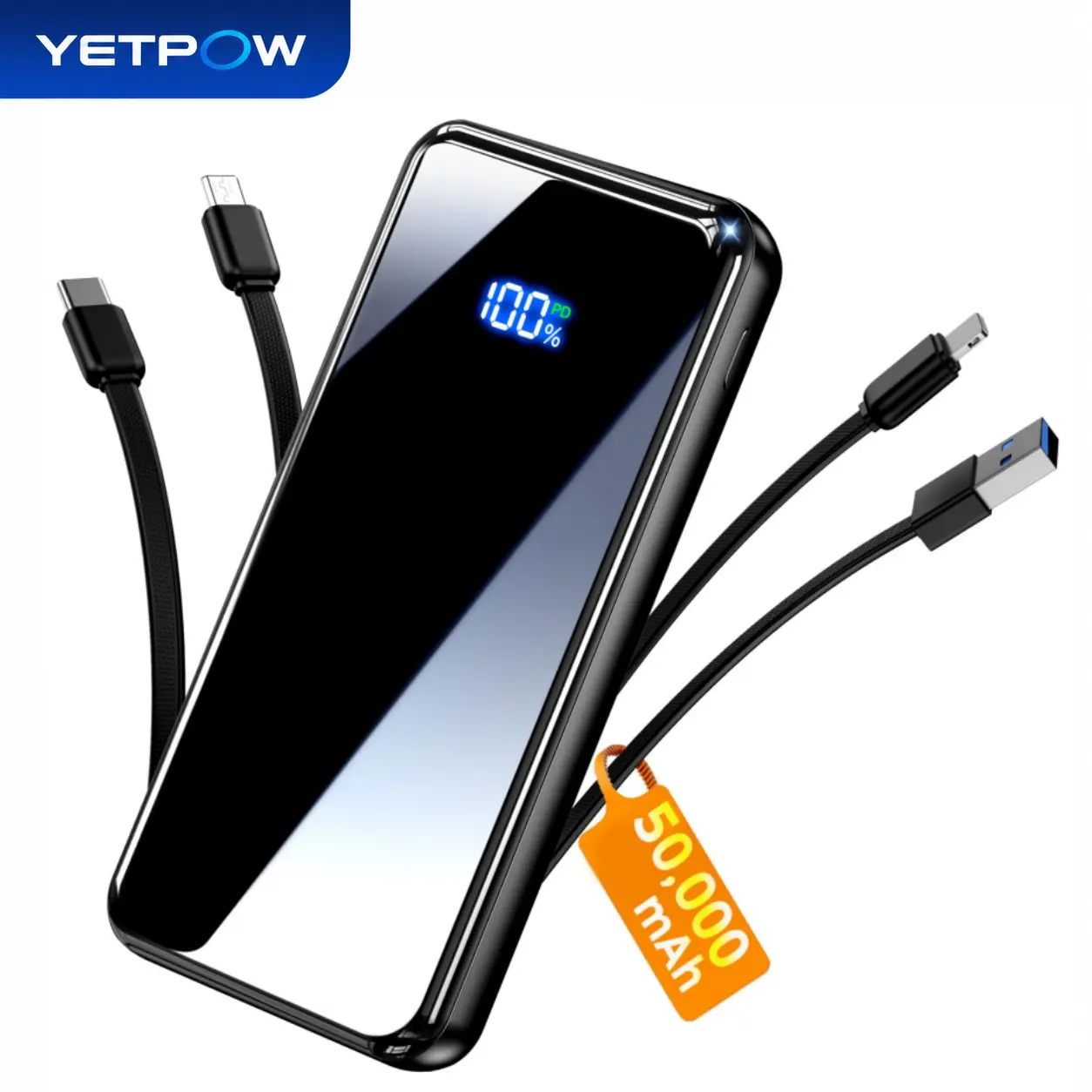 YETPOW Portable Charger, 50000mAh Power Bank Built-in Cable, 22.5W PD USB C In & Out Fast Charging, External Battery Pack with 6 Output & 2 Input, Travel Phone Charger for iPhone 17/16/15/14/13/12