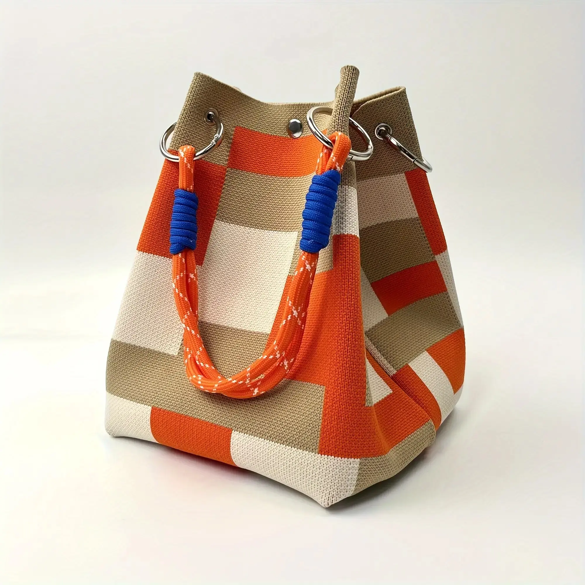 Women's Vintage Multicolor Retro Handbag - Large Capacity Tote With Buckle Closure & Fixed Strap, Multicolor Block (Pink/Green/Beige/Blue) Or Striped (White/Black) Patterns, Durable For Work, W Travel - Handheld Clutch-like, Bags For Women
