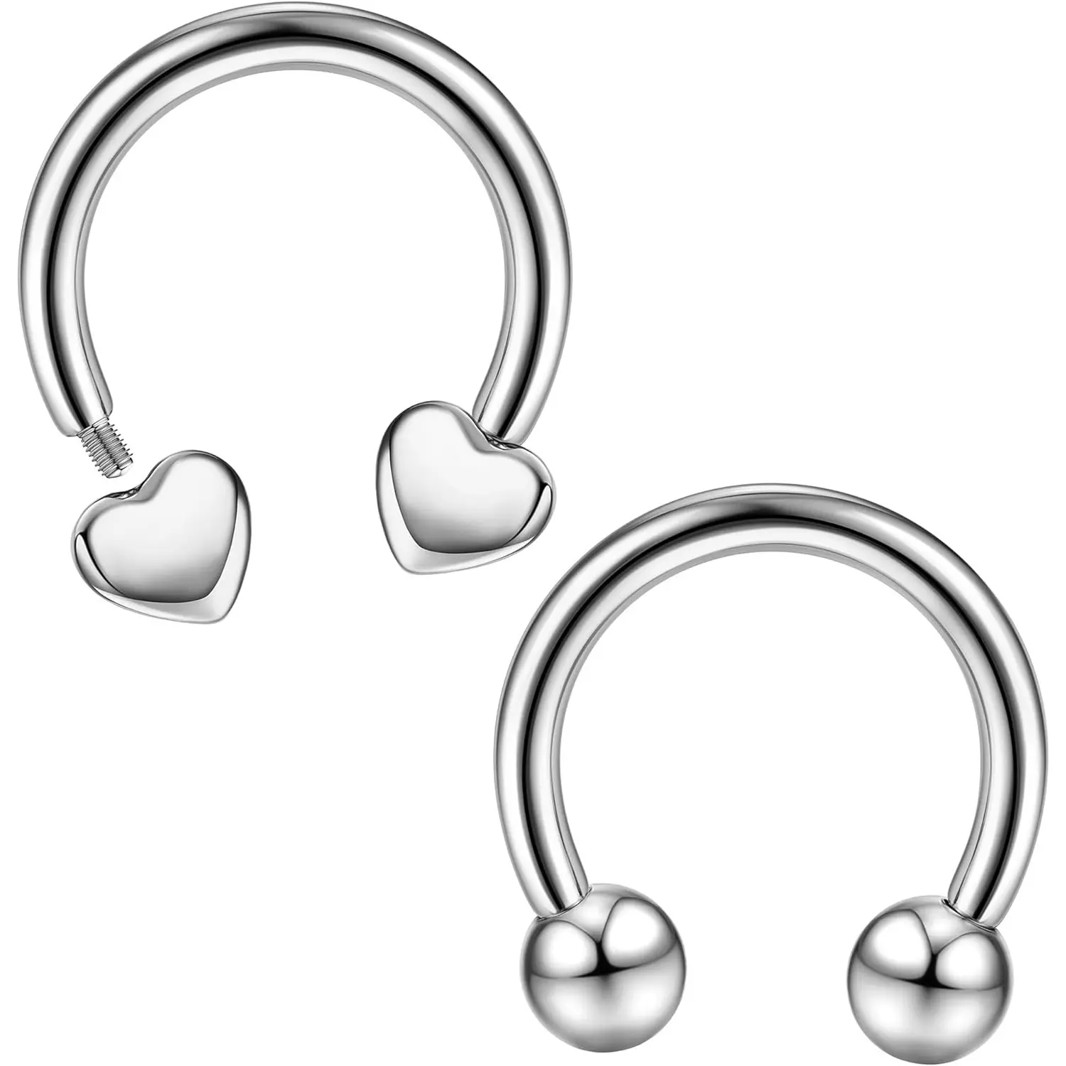 Milacolato Unisex Implant Grade G23 Titanium Ball & Heart Horseshoe Septum Rings, 8mm/10mm/12mm Body Jewelry for Septum Piercing, Helix Daith Cartilage Tragus Piercings (For Male, Female, Men/Women), 2Pcs-Ball&Heart-Silver-10Mm