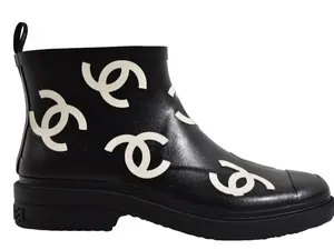 Chanel 23A Black White All Over Logo Rubber CC Low Top Short Ankle Rain Boots