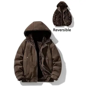 Men’s double-sided wear winter jacket with fleece lining, thickened cotton coat, warm windproof hooded parka