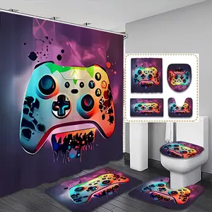 Creative Game Controller Theme Microsoft Xbox Style Bath Curtain Set, Gradient Colors, Ink Splatter Texture, Includes Hooks & Mat