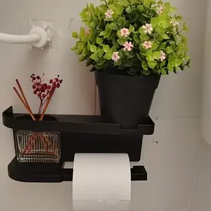 Modern Black Self-adhesive Wall-mounted Tissue Holder and Perfume Organizer - Space-saving, Drill-free Installation, Stylish Storage Rack Suitable for Bathrooms and Kitchens.