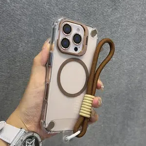 Transparent magnetic corner reinforced shockproof lens holder + wrist strap phone case suitable for Apple/iPhone 17/16/15/14/13/12/11 Pro Max Plus men's and women's protective case