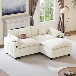 KCGKCG 80.7" Modular Sectional Sofa, L Shaped Cloud Couch with Movable Ottoman, Chenille Deep Seat Cloud Sofa with Charging Station, Cup Holder, Side Pocket, Sectional Couches for Living Room, Beige
