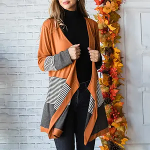 Orange Colorblock Striped Patchwork Open Cardigan