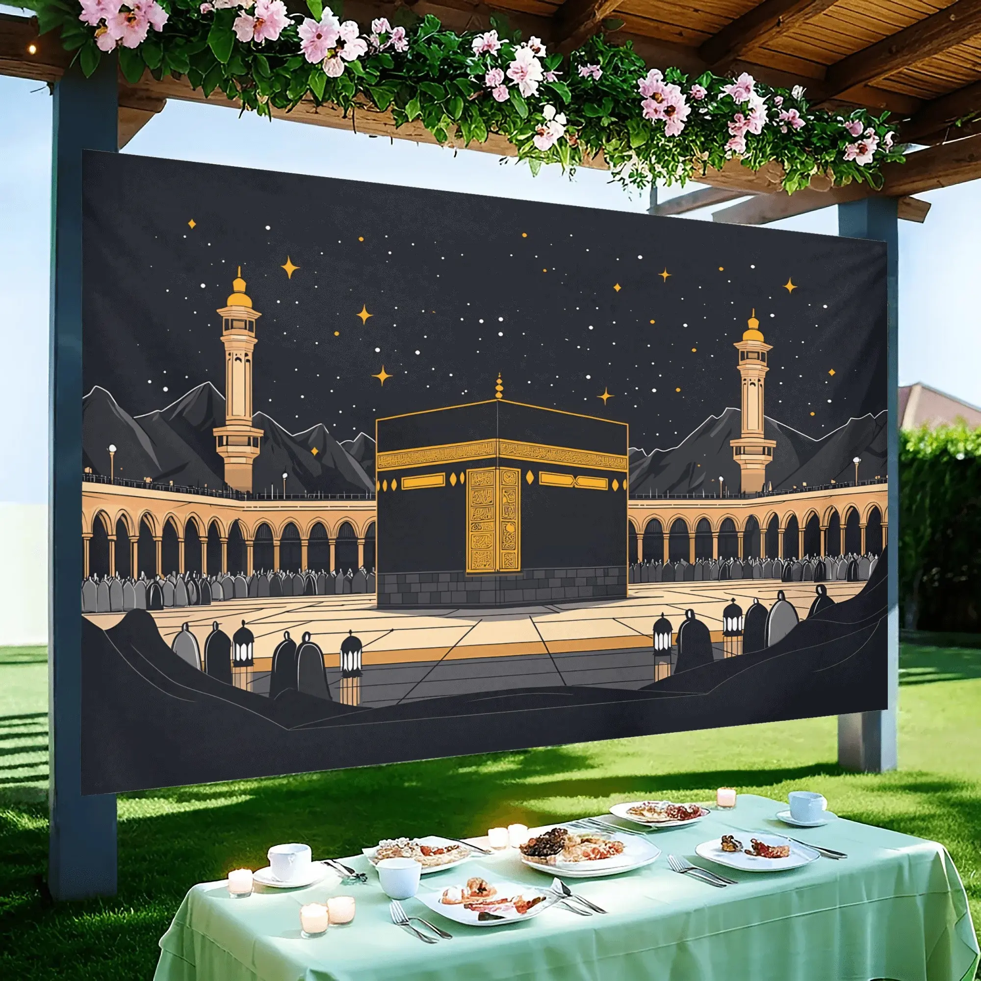 Elegant Polyester Hajj Party Decoration Banner, Back Drop, Kaaba and Celestial Design, Easy to Hang, No Power Needed, Perfect for Garden and Living Room Decor