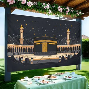 Elegant Polyester Hajj Party Banner, Kaaba and Celestial Design, Easy to Hang, No Power Needed, Perfect for Garden and Living Room Decor