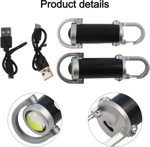 2 PCS Portable Led Flashlight Usb Rechargeable Work Light Key Ring Pendant Led Flashlight,3 Lighting Modes, Black ABS Build, Includes 2 Flashlights and 2 Cables